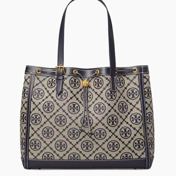 NEW! Tory Burch Jacquard Drawstring Tote -Large Navy NWT & dustbag - Picture 2 of 14